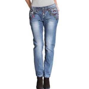 Desigual Women's Embroidered Floral Mid Rise Slim Straight Jeans Size 26/8
